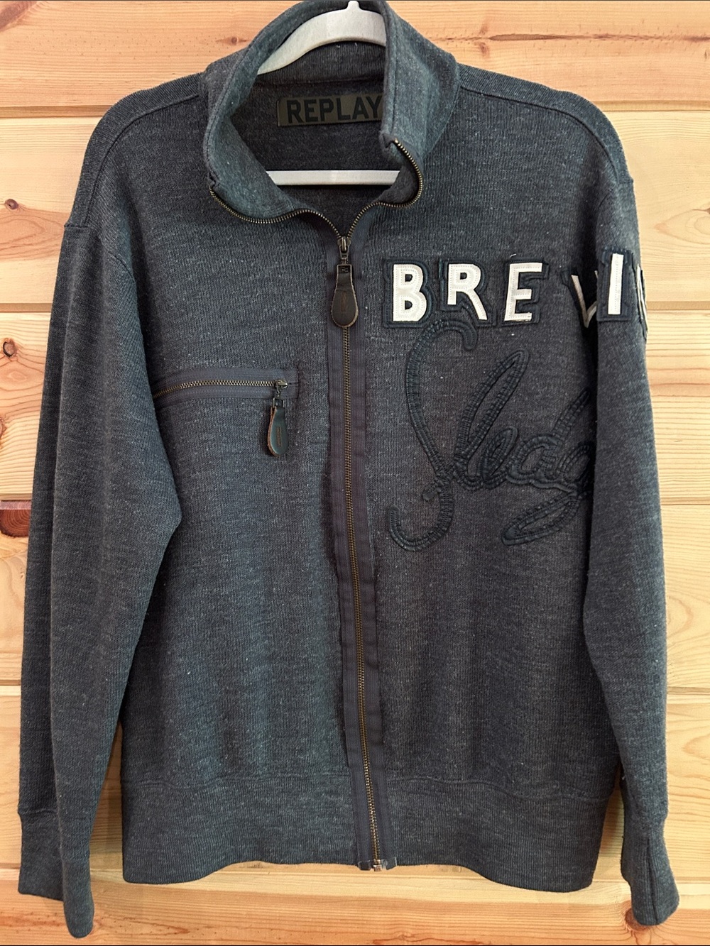 Replay Men’s Wool Blend Charcoal Gray Full-Zip Knit Jacket with Script Appliqué